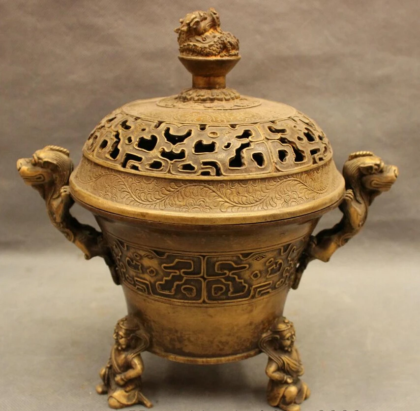 

song voge gem S2899 10" Tibet Bronze Dragon Beast Japanese Buddha Statue Box Incense Burner Censer