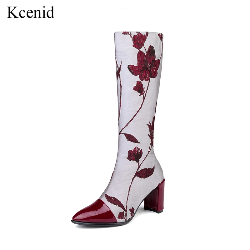 

Kcenid 2018 Newest embroider boots fashion pointed toe zipper long boots high heels retro flowers shoes woman winter boots women