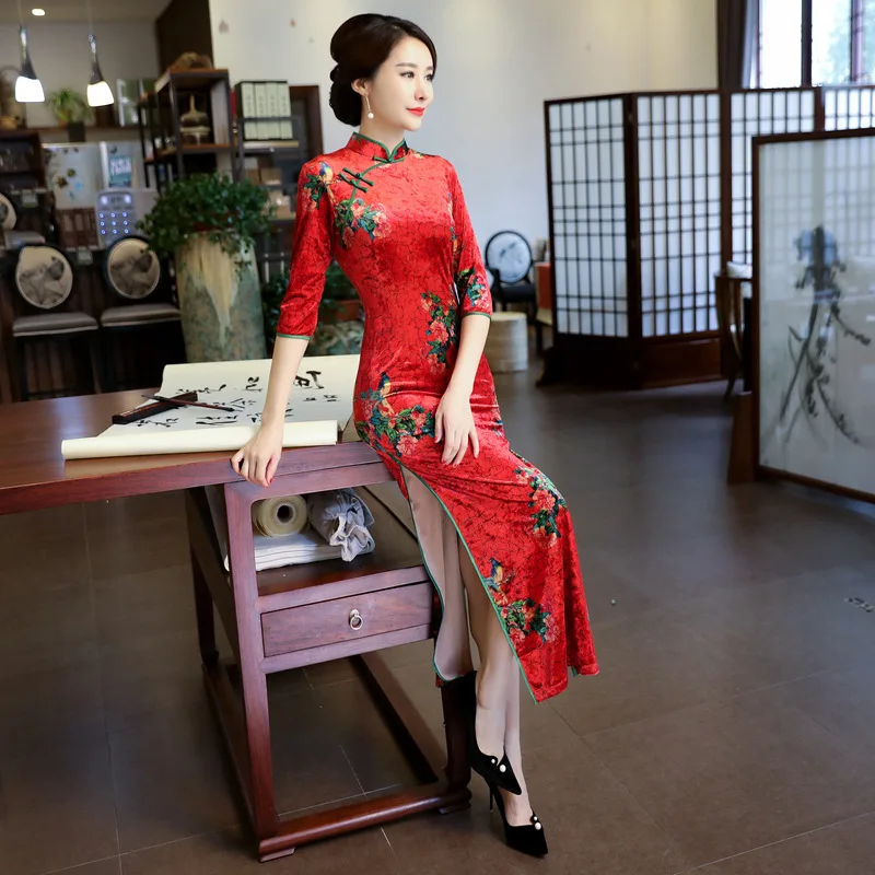 Зеленый зима/весна Cheongsam Qipao женское бархатное длинное платье китайское традиционное платье с коротким рукавом винтажные Cheongsams размер S-3XL