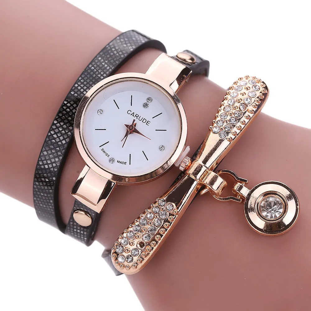 Мода, женские кожаные Стразы, аналоговые кварцевые наручные часы, женские часы-браслет, женские часы, стальные часы,, часы#15