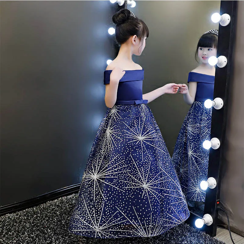 

2018 New Children Elegant Shoulderless Dress Girls Princess Dresses Girl Wedding Birthday Dress Girls Model Show Prom Dress E42