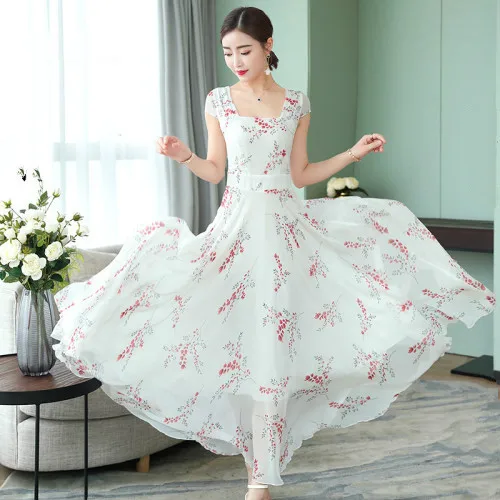 

2019 New Spring Summer Elegant Fashion Chiffon Women Long Dress White Broken Floral Short Sleeved Small Fresh Lady Dresses