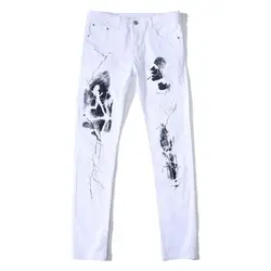 Повседневное печатных джинсы для женщин для мужчин Винтаж Тонкий прямые байкерские джинсы европейский и американский Slim Pant мужской