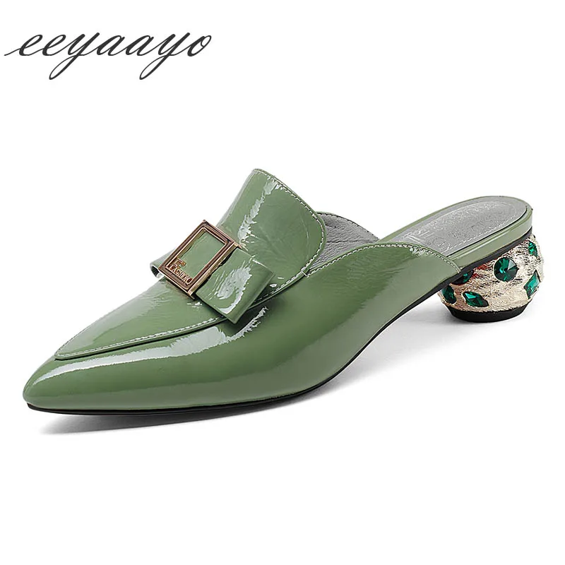 

2019 New Genuine Leather Summer Women Slippers Crystal Middle Heel Mules Sweet Women Cow Leather Shoes Green Outside Slides