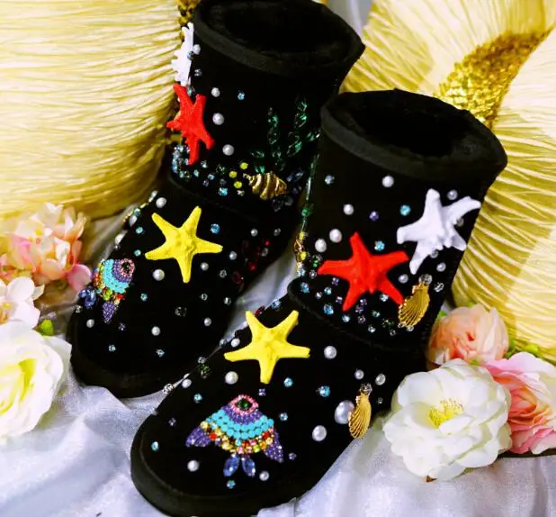 

2018 winter women shoes Starfish shell Handmade women's shoes appliques crystal flats snow boots Luxury women's ankle boots
