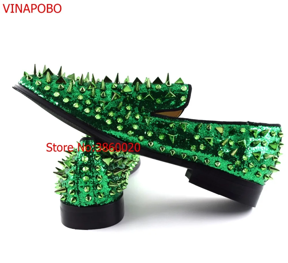 Fashion Green Spiked Loafers Shoes Men Round Toe Bling Sequins Banque