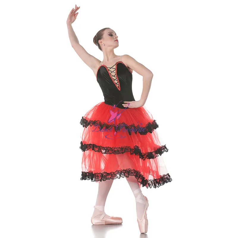

Dance Favourite Red Spanish Long Ballet Tutu Black Velvet Blace Top Bodice Ballet Costumes Dance Tutu, Ballerina Dance Costumes