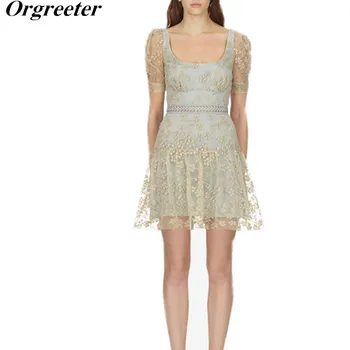 

Summer dress 2018 Self Portrait Sexy Big Round Neck Golden Floral Embroidery Beading Mini Dress Women Short Sleeve Chic Dress