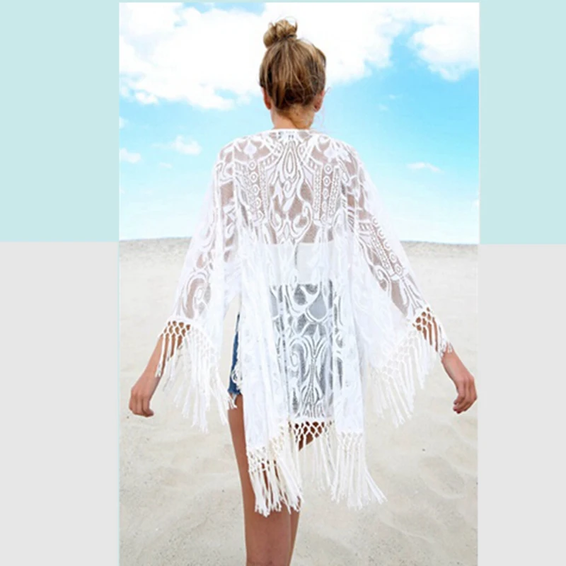 

2018 Women New Fashion Sexy Solid Lace Floral Cover Up Cardigan Long Loose Blouse Summer Hollow Out Tassel Blouse Hot