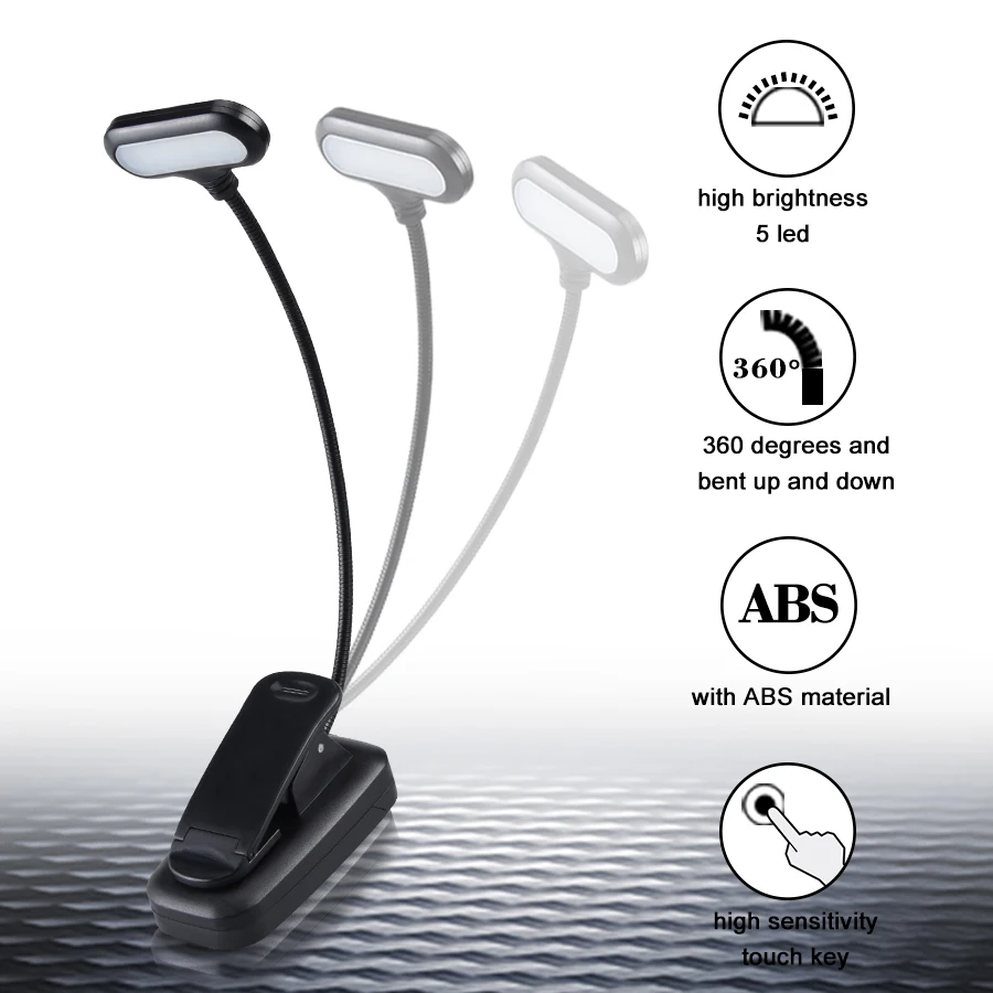 

Flexible LED Book Light Switch on/off Mini Book Reading Light Black Clip Book Reading Lamp Portable Table Lamp with AAA Battey