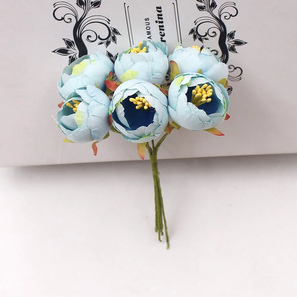 6 шт. маленький бутон чайной розы искусственный цветок для свадебного украшения Одежда из ткани для шитья рукоделия аксессуары для рукоделия - Цвет: Синий