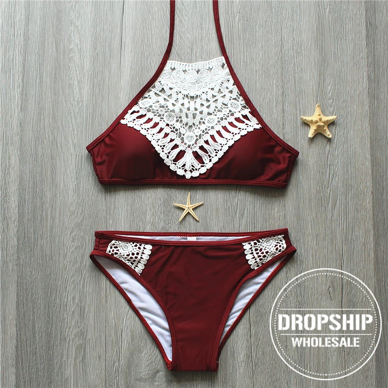

2018 SEXY Lace High Neck Bikini Set Strappy Backless Flower Bikinis HOT Summer Swimsuit Beachwear Female Swimming Bathing Suit