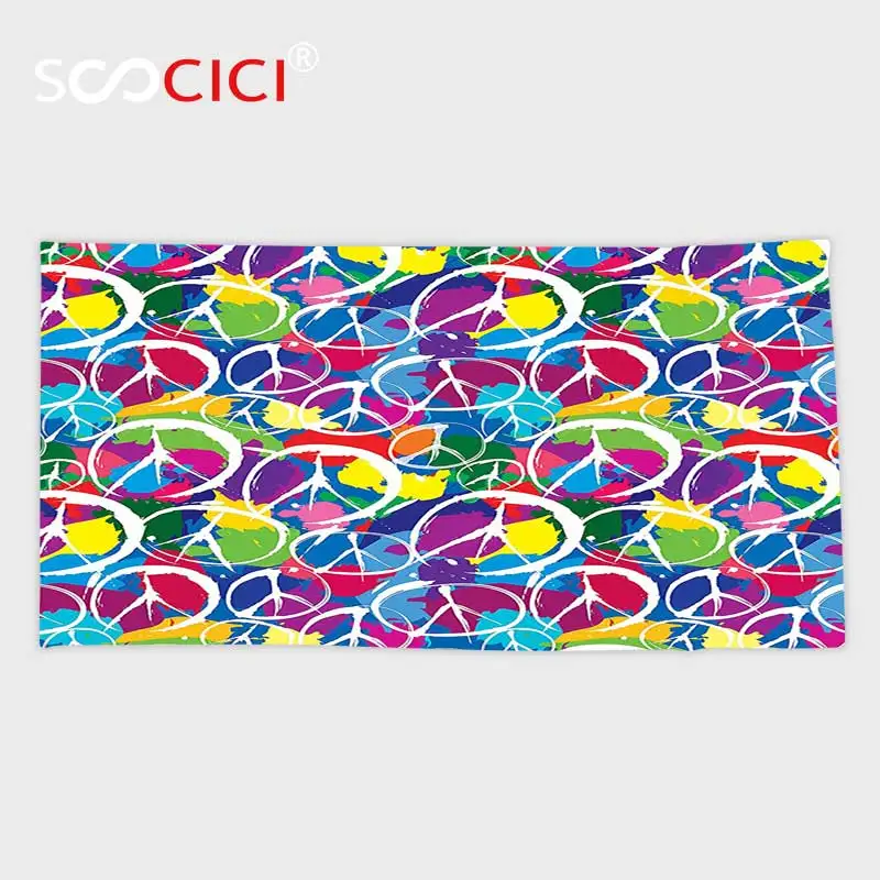 

Custom Microfiber Ultra Soft Bath/hand Towel,1960s Decor Universal Peace Sign Symbol on Colorful Pop Art Style Background