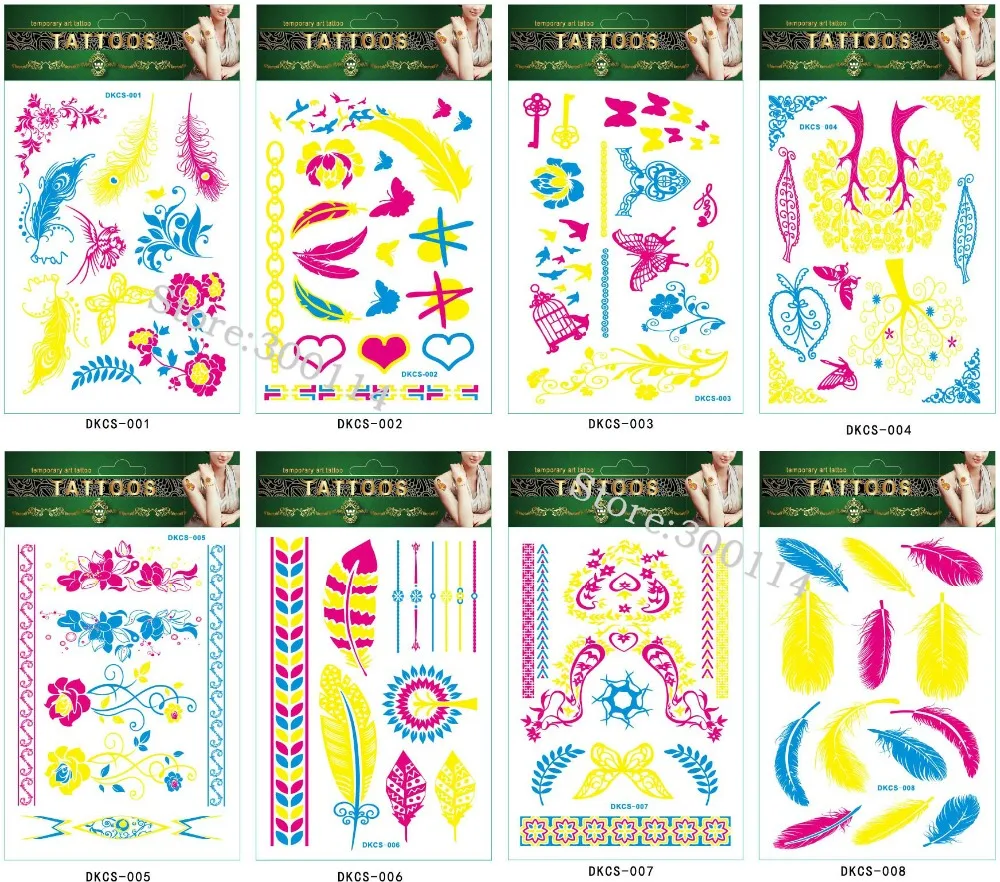 Louco do Partido Atacado Luminosa Fluorescente Luz Férias Tatuagem Temporária Harajuku Boate Fluorescência Tatuajes Corpo 500 Pcs 9 Beleza e saúde