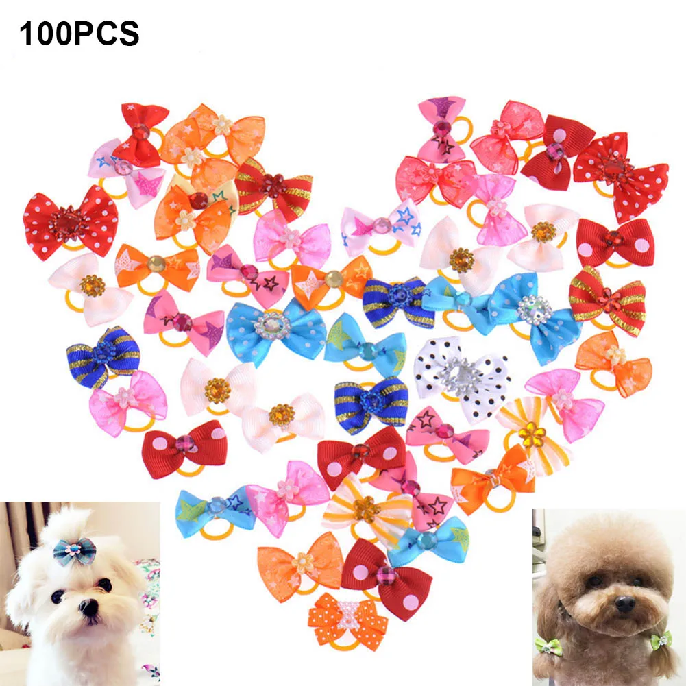 100Pcs Mixed Color Puppy Dog Hair Bows Hair Accessorries Bowties for