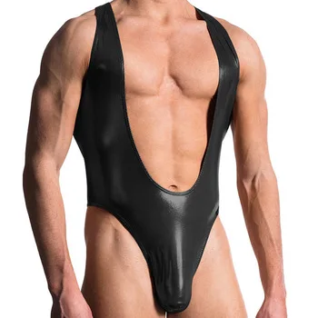 Adult male faux leather expose chest vest bodysuit wrestler costume clubwear perform clothing gay fetish underwear