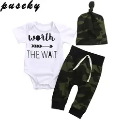 Puseky/3 шт., Одежда для новорожденных, малышей, малышей, 2018, армейский зеленый, одежда для маленьких мальчиков и девочек, комбинезон, футболка
