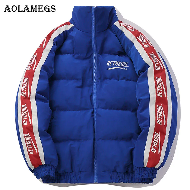 

Aolamegs Down Jacket Side Letter Solid Thick Mens Winter Jackets Mens Stand Collar Windproof Coat Mens Winter Couple Streetwear
