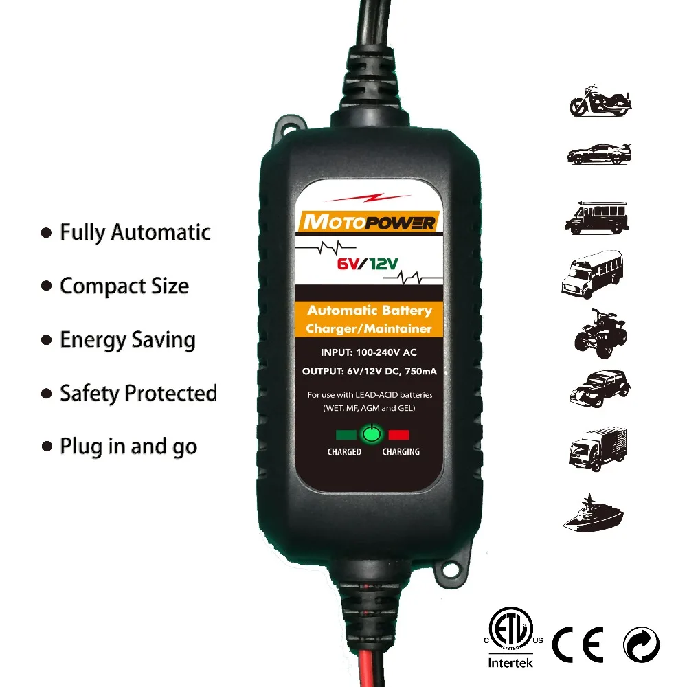 MOTOPOWER 6V 12V 750mA Fully Automatic Smart Battery Charger Maintainer for Car Motorcycle all types of lead acid batteries