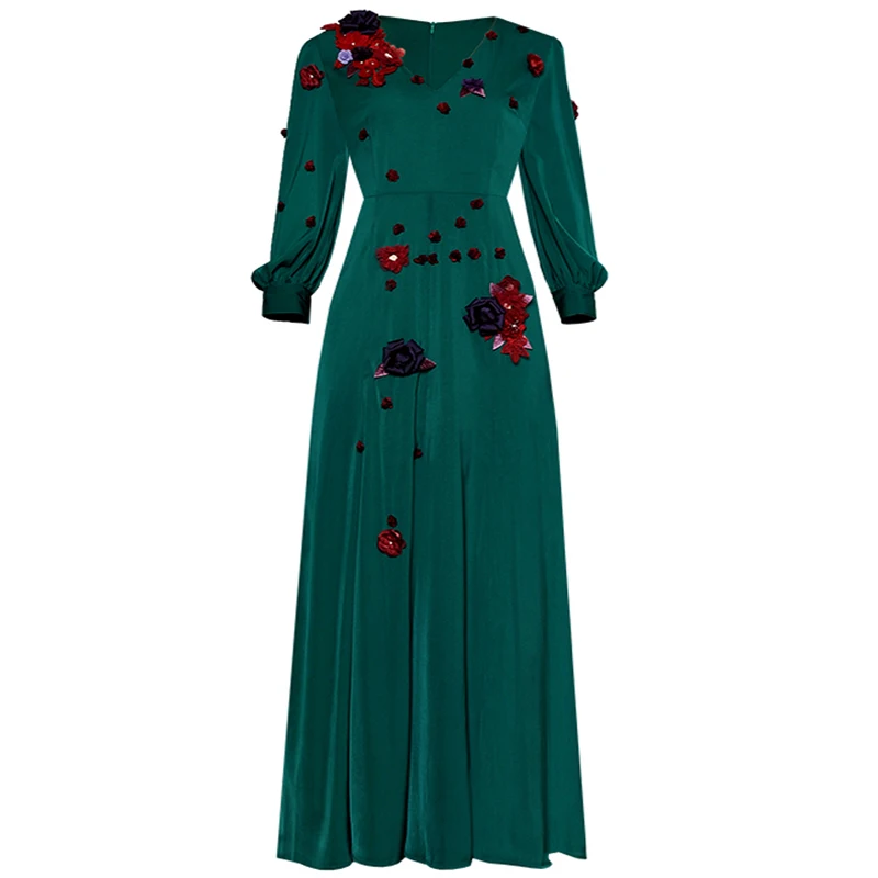 

Red RoosaRosee Sexy V Neck Lantern Sleeve Red Three-dimensional Flower Applique Long Maxi Dress Elegant Women Party Vestido Robe