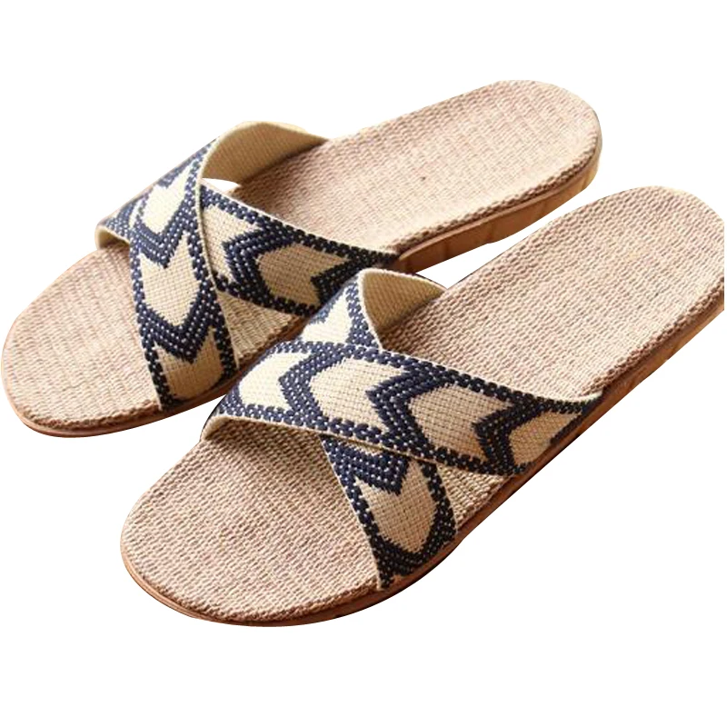 

Men's Summer Beach Flip Flops Blue Linen Sandals Male Indoor Non-slip Bathroom Hotel Flax Slippers Men Slides Flat House Shoes