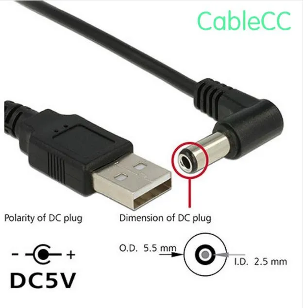

USB 2.0 A Type Male to Right Angled 90 Degree 5.5 x 2.5mm DC 5V Power Plug Barrel Connector