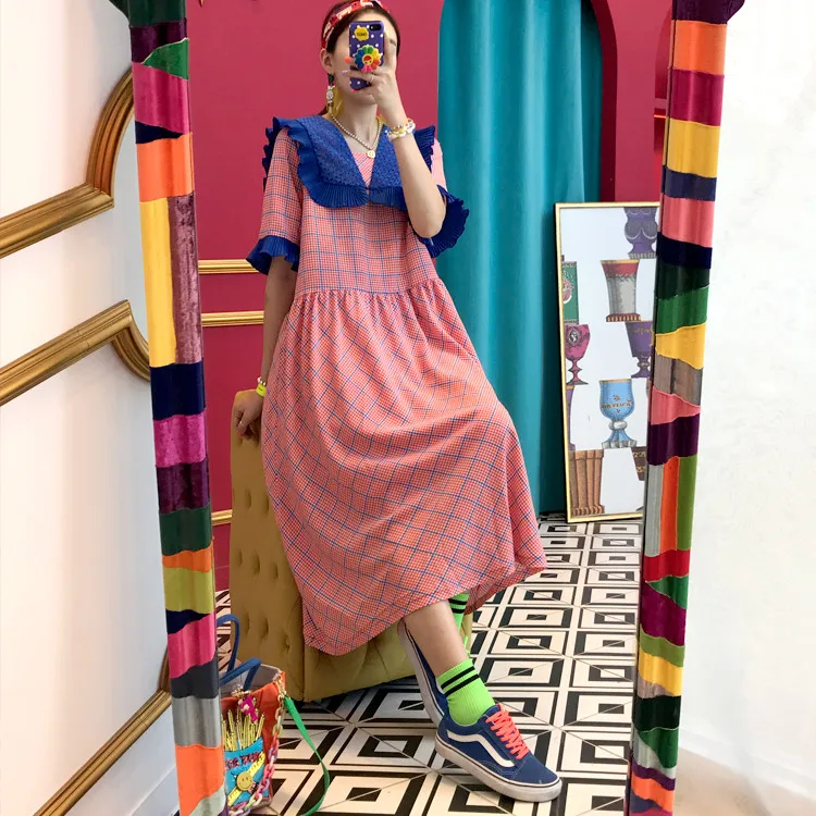RUGOD женское клетчатое шикарное платье с воротником Питер Пэн, кружевное Свободное длинное платье с расклешенными рукавами, новое летнее модное женское платье