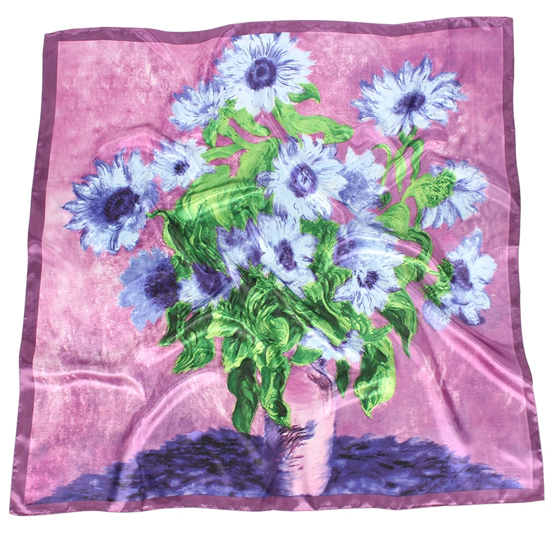 Satin Silk Scarf Women Flower Print Hijab Kerchief Square Hair / Head Scarves Luxury Brand Foulards Femme Bandanas 90*90CM
