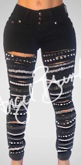 2018 New Black Three-button High-waist Hole Jeans Gold Chain Women