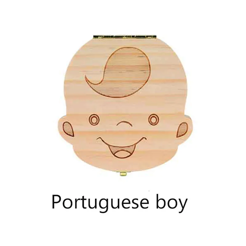 Ящик для хранения зубов, голландский/Испанский/английский/русский/французский/португальский/Греческий текст, детский деревянный ящик, держатель для хранения молочных зубов - Цвет: Portuguese boy