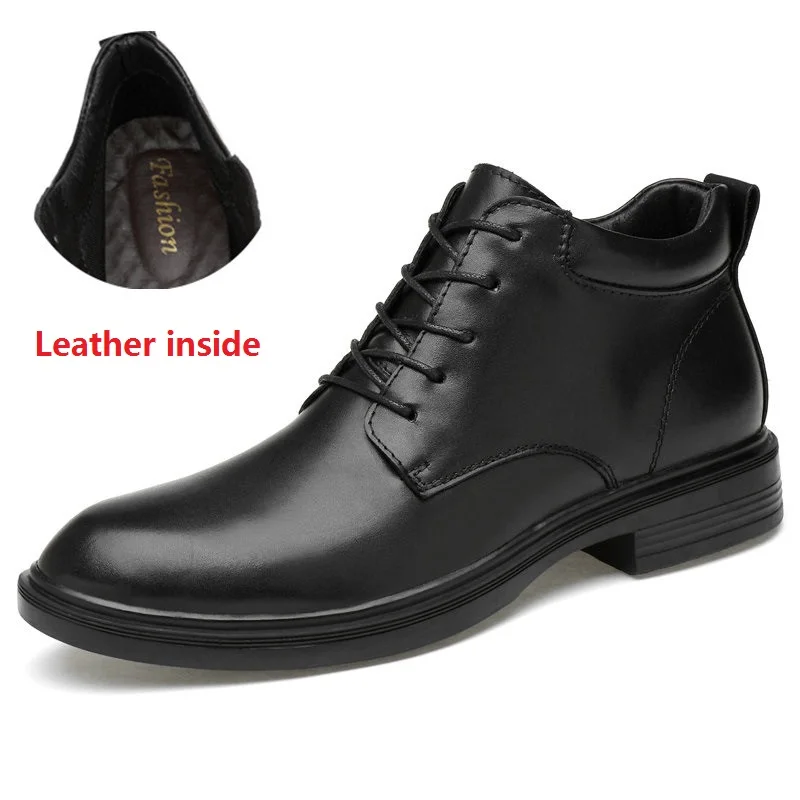 Большие размеры 35-50; модная зимняя обувь; Дизайнерские мужские ботильоны из натуральной кожи; модельные туфли с высоким берцем; черные мужские классические ботинки - Color: Leather inside Black