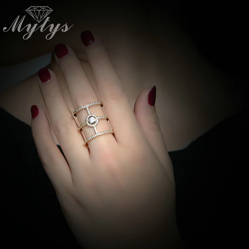 

Mytys Half Finger Ring for Women 3 Layers Hollow Rings GP Crystal Invisible Setting Unique Design Fashion Rings R1136 R1137