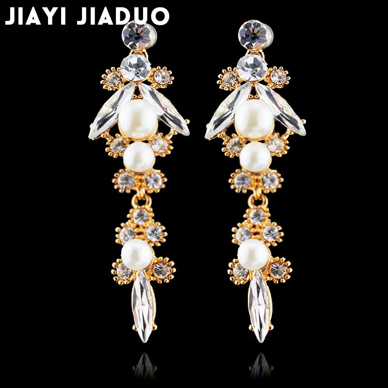 Jiayijiaudo Crystal Long Earrings Gold Large Pendant Pendant Imitation Pearl Earrings Wedding