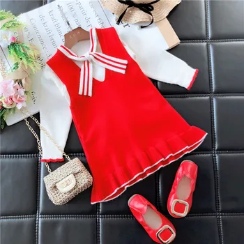 

Spring Autumn baby sweater + knitted dress girls 2 pcs set kids knit suit children clothes striped bow lacing ruched 1 to 7 yrs