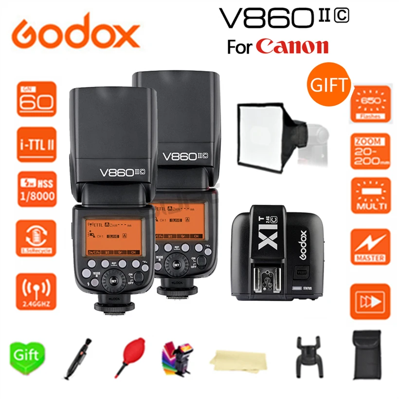 

Godox Ving V860II V860II-C 2.4G Wireless GN60 E-TTL HSS Li-Battery Camera Speedlite Flash for Canon 1100D 1000D 7D 60D DSLR