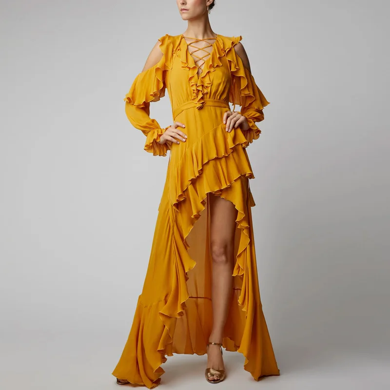 

Top Quality Ginger Yellow Long Dress Women Autumn 2019 Fashion Long Sleeve Sexy V-neck Ankle-length Ruffles Runway Party Dress