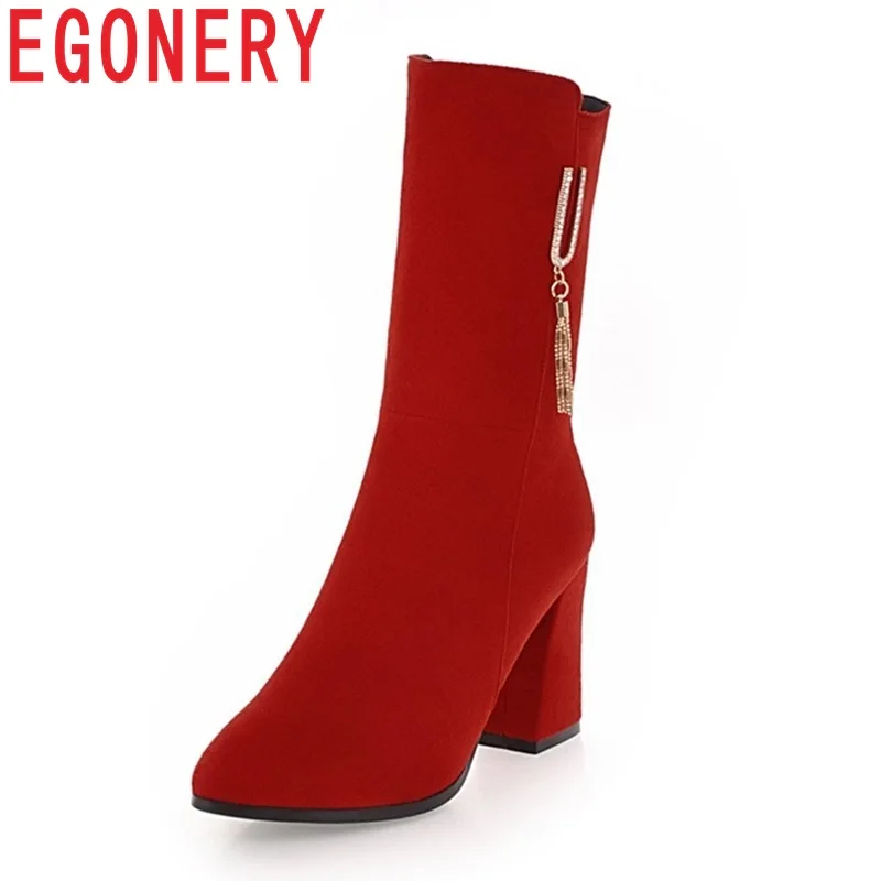 

EGONERY 2018 winter brand middle boots ladies pointed toe side zipper shoes woman rhinestone style shoes big size boots 33-43