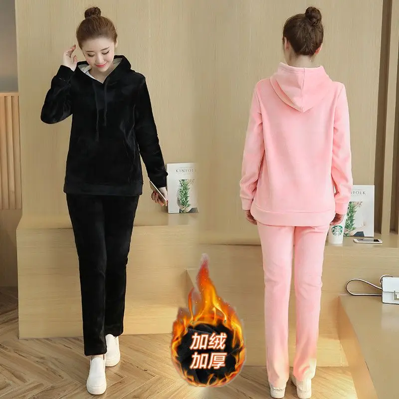 

2019 Korean version of the loose large size thick silver velvet pregnant women new fashion casual sports suit