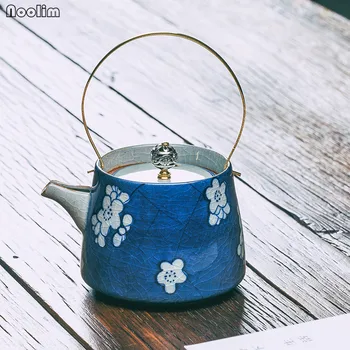 

NOOLIM 200ml Jingdezhen Ceramic Indigo Glaze Ice Crack Teapot Coffee Pot Chinese Tea Set Handpainted Plum Flower Kung Fu Tea Pot
