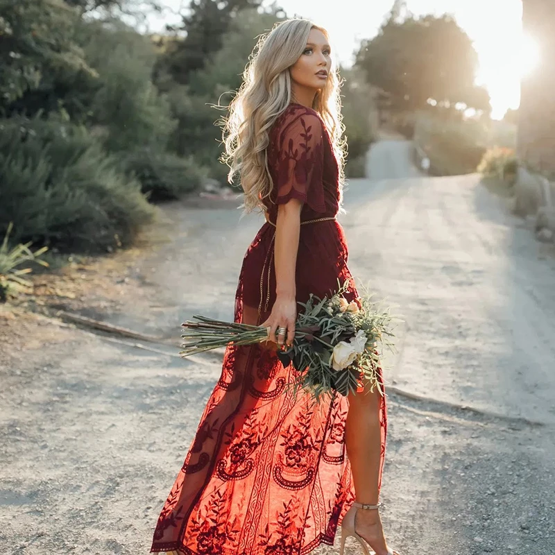 Women Lace Dress Maxi Long Evening Party Dress Sexy Deep V Perspective