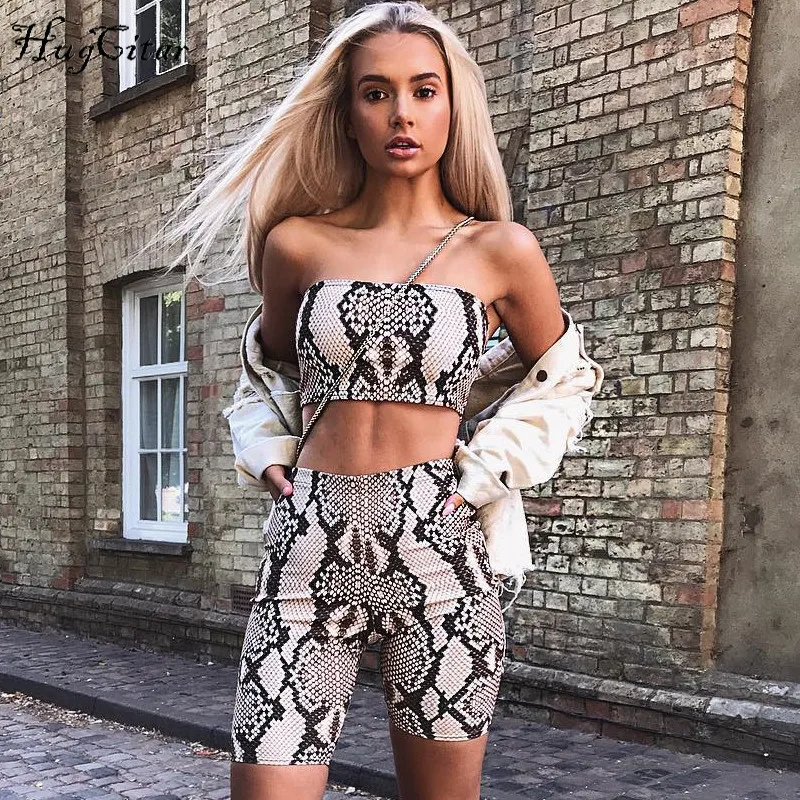 Skup Hugcitar skóry węża crop top sexy tank top szorty 2 sztuk ustawia 2018 lato jesień kobiety moda elastyczna odzież sportowa kobiet zestaw