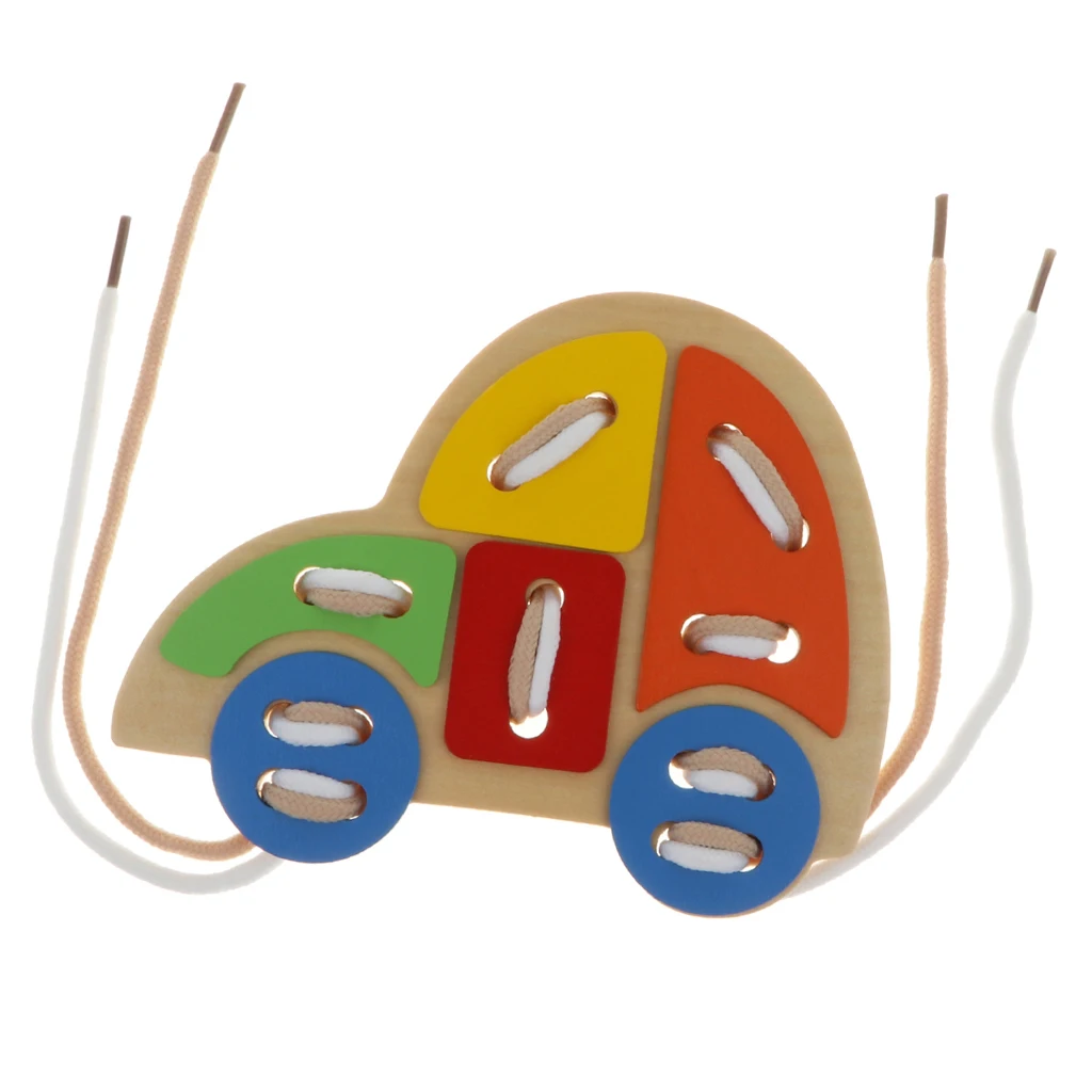 Baby Boys Girls Wooden Threading Board Kids Lacing Toy Early Educational Activity Laces Game Car Kindergarten Montessori Toy