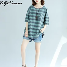 YoYiKamomo, Женская Полосатая рубашка большого размера, летняя, хлопковая, оригинальная, новинка, для отдыха, короткий рукав, футболка, повседневная, свободная, для женщин, модные топы