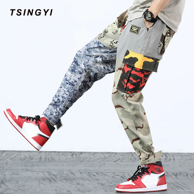 Tsingyi Summer Camouflage Military Men Cargo Pants Spliced Hip Hop Cotton Camo Multi Pockets Drawstring Tactical Mens Joggers