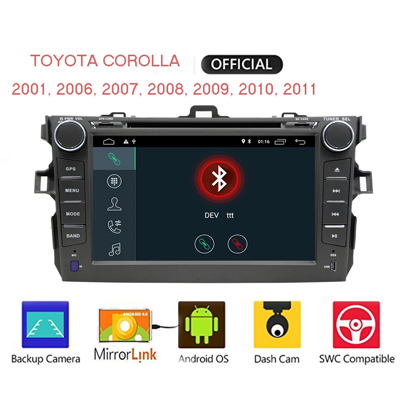 Best android 9.0 car dvd player For Toyota corolla 2007 2008 2009 2010 2011 in dash 2 din 1024*600 car radio gps video head unit