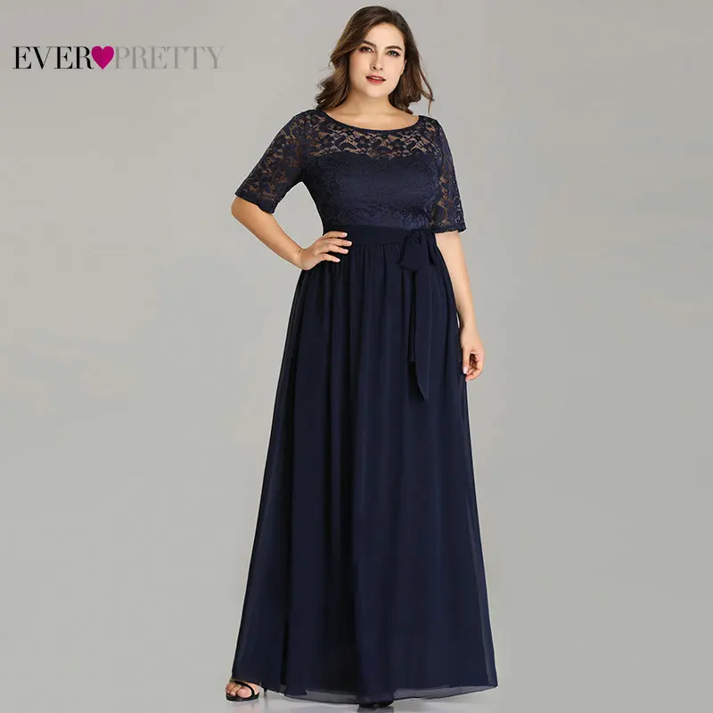 

Robe De Soiree Ever Pretty EZ07624 Winter Half Sleeve Lace A-line Chiffon Plus Size Evening Dresses Long Navy Blue Formal Dress