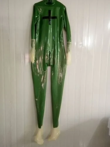 

Latex Rubber Unisex Catsuit Fashion Gloves Feet Metal green Suit Size XS-XXL