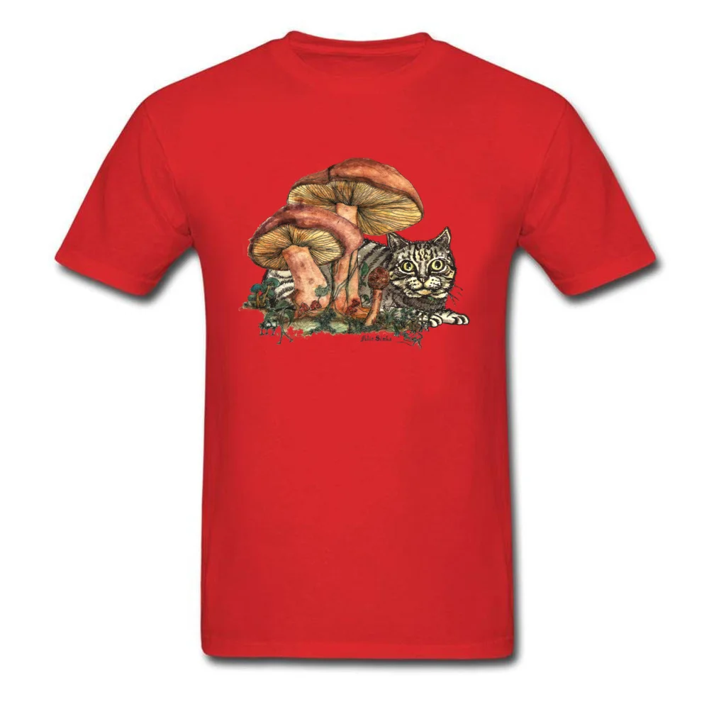 Mushroom and Cat NEW YEAR DAY Cotton Crew Neck Tops & Tees Short Sleeve Crazy Tee-Shirt 2018 New Fashion Comics T-Shirt Mushroom and Cat red