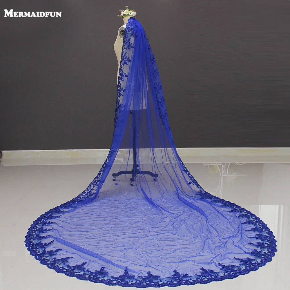 New Royal Blue 3 Meters Bling Sequins Lace Long Cathedral Wedding Veil  Colorful Bridal Veil with Comb