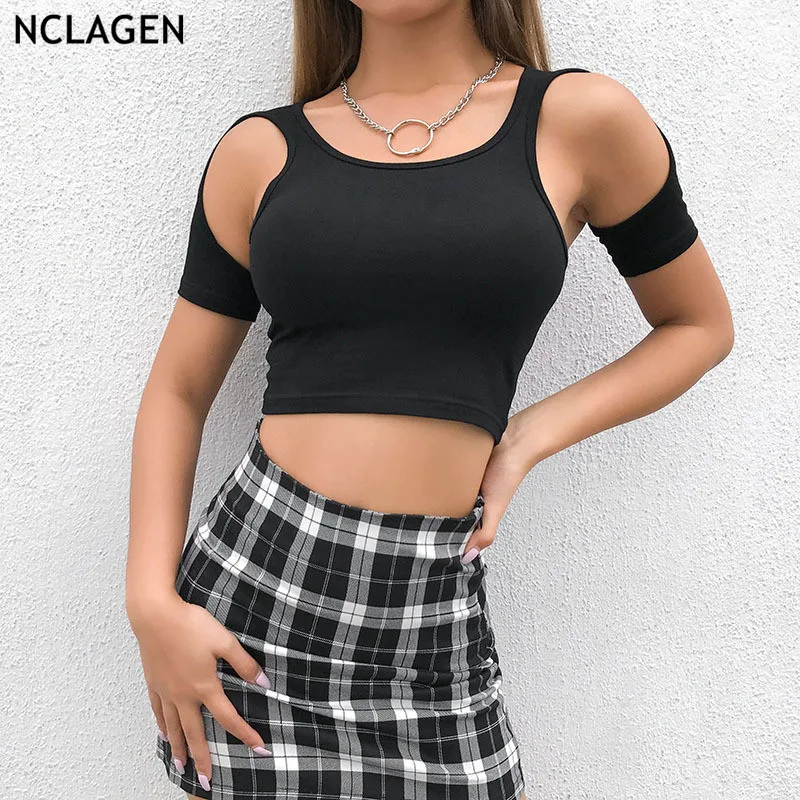 

NCLAGEN 2019 Summer Stylish Cut Hollow Out Short Sleeve Crop Tops Tee Shirt Women Slim Fit Streetwear Black Navel Bare Clothing
